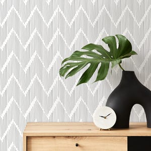 May include: A modern interior scene featuring a black vase with a large green leaf, a small white clock, and a wooden cabinet. The background is a white wallpaper with a black zigzag pattern.