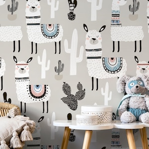Llama Playful Cactus Kids Nursery Wallpaper - D078