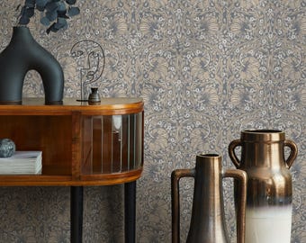 Floral Wallpaper with Stylized Blooms and Vines in Blue, Beige, and White - E725