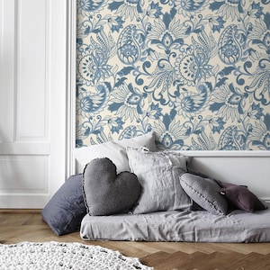 Blue Victorian Vintage Wallpaper / Peel and Stick Wallpaper Removable Wallpaper Home Decor Wall Art Wall Decor Room Decor - D087