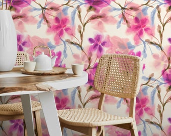 Wallpaper Peel and Stick Wallpaper Removable Wallpaper Home Decor Wall Art Wall Decor Room Decor / Pink Floral Watercolor Wallpaper - A030