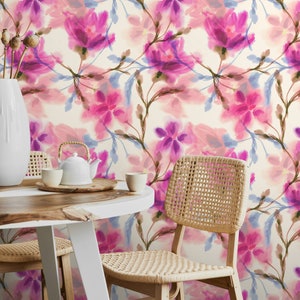 Wallpaper Peel and Stick Wallpaper Removable Wallpaper Home Decor Wall Art Wall Decor Room Decor / Pink Floral Watercolor Wallpaper - A030