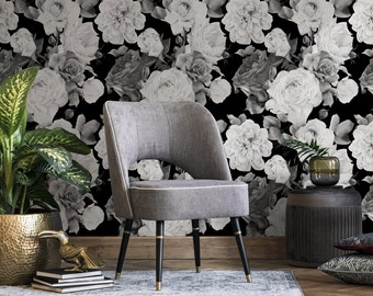 Floral Wallpaper in Black and White on White - Peel and Stick - B370