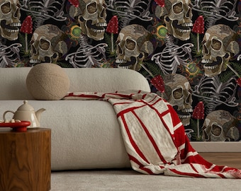 Fern and Skull Wallpaper Peel and Stick and Traditional Wallpaper - D917