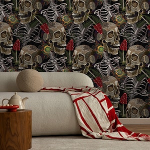 Fern and Skull Wallpaper Peel and Stick and Traditional Wallpaper - D917