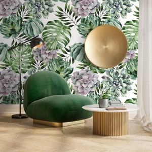 Wallpaper Peel and Stick Wallpaper Removable Wallpaper Home Decor Wall Decor Room Decor / Monstera and Succulent Leaves Wallpaper - A020