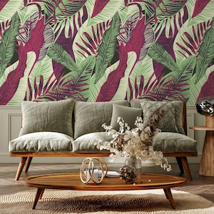 Wallpaper Peel and Stick Wallpaper Removable Wallpaper Home Decor  Wall Decor Room Decor/ Red and Green Cool Tropical Leaves Wallpaper -B132