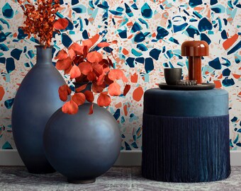 Terrazzo Wallpaper in Blue and Orange on White - Peel and Stick - B832