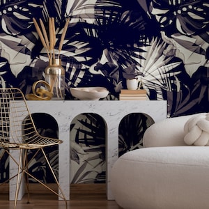 Wallpaper Peel and Stick Wallpaper Removable Wallpaper Home Decor Wall Art Wall Decor Room Decor / Black Tropical Leaves Wallpaper  - A975