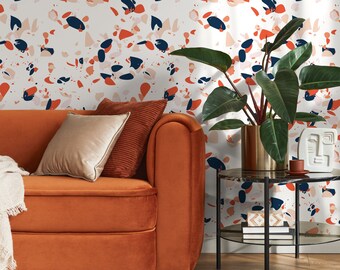 Terrazzo Wallpaper in Orange, Blue, and Pink on White - Peel and Stick - B828