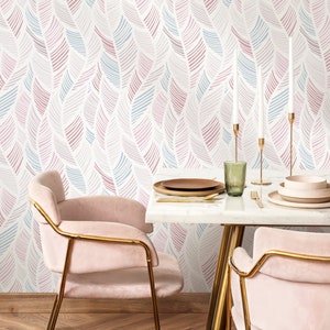 Pastel Feather Leaf Wallpaper in Pink Blue and Beige on White - Peel and Stick - A062