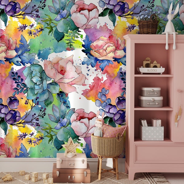 Aquarell Pfingstrose Blumen Wandbild Tapete in Rosa, Lila und Türkis - Schälen und Aufkleben - B064