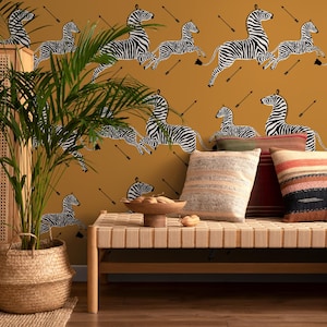 Zebra Wallpaper, Peel and Stick Wallpaper, Masai Zebra Print by Royal Tenenbaums, Mustard Zebra Wallpaper for Home Decor - E050