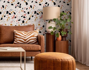 Terrazzo Wallpaper in Black, Pink, and Ochre on Black - Peel and Stick - B904