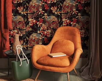 Floral Skull Wallpaper Red and Black Wallpaper Peel and Stick and Traditional Wallpaper - D896