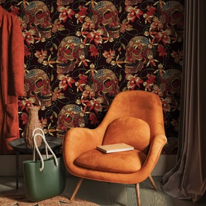 Floral Skull Wallpaper Red and Black Wallpaper Peel and Stick and Traditional Wallpaper - D896