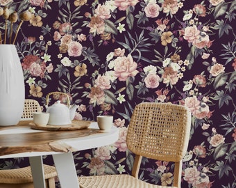 Vintage Tapete mit dunklem Blumenstrauß in Blush und Mauve auf Pflaume - Schälen und aufkleben - A037
