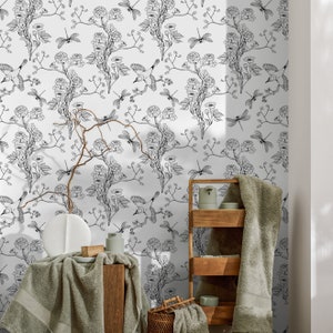 Tapete zum Abziehen und Aufkleben, abnehmbare Tapete, Heimdekoration, Wanddekoration, Raumdekoration / Schwarz-weiße Chinoiserie-Tapete – A252