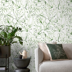 Green Floral Garden Wallpaper / Peel and Stick Wallpaper Removable Wallpaper Home Decor Wall Art Wall Decor Room Decor C852 image 1