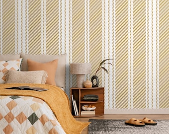 Yellow Striped Wallpaper Farmhouse Wallpaper Peel and Stick and Traditional Wallpaper - D784