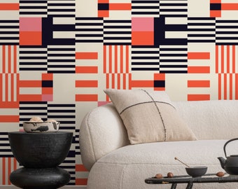 Geometric Wallpaper Modern Black and Orange Wallpaper Peel and Stick and Traditional Wallpaper - D848