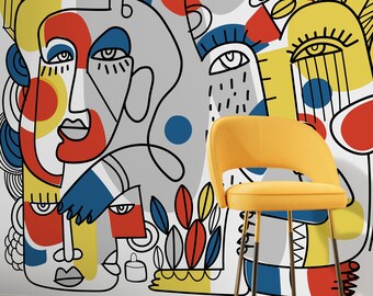 Unique Line Art Faces Wallpaper Abstract Mural Peel and Stick Wallpaper Home Decor - D556