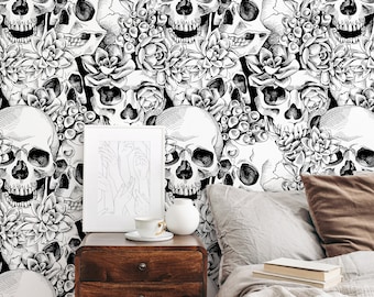 Black and White Skulls Wallpaper Dark Floral Wallpaper Peel and