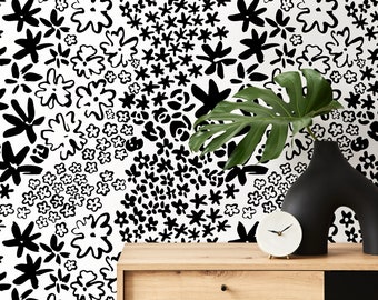 Black and White Floral Wallpaper / Peel and Stick Wallpaper Removable Wallpaper Home Decor Wall Art Wall Decor Room Decor - D165