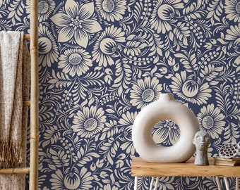 Blue and Beige Floral Wallpaper / Peel and Stick Wallpaper Removable Wallpaper Home Decor Wall Art Wall Decor Room Decor - D068