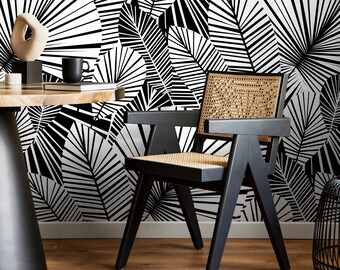 Wallpaper Peel and Stick Wallpaper Removable Wallpaper Home Decor Wall Decor Room Decor / Black and White Modern Leaves Wallpaper - B324