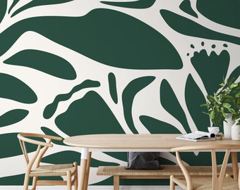 Dark Green Floral Mural Abstract Wallpaper Peel and Stick and Traditional Wallpaper - D705