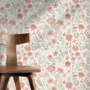 Floral Garden Hand-Drawing Wallpaper / Peel and Stick Wallpaper Removable Wallpaper Home Decor Wall Art Wall Decor Room Decor - D321