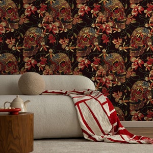 Floral Skull Wallpaper Red and Black Wallpaper Peel and Stick and Traditional Wallpaper D896 image 3