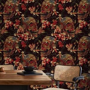 Floral Skull Wallpaper Red and Black Wallpaper Peel and Stick and Traditional Wallpaper D896 image 2