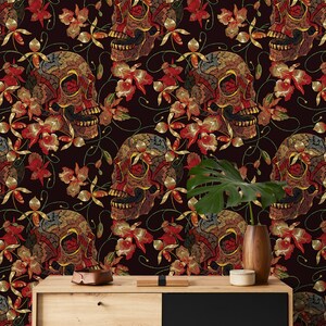 Floral Skull Wallpaper Red and Black Wallpaper Peel and Stick and Traditional Wallpaper D896 image 4