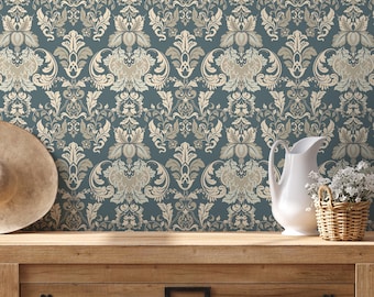 Damask Wallpaper in Green, Beige, and Cream on Cream - Peel and Stick - D094