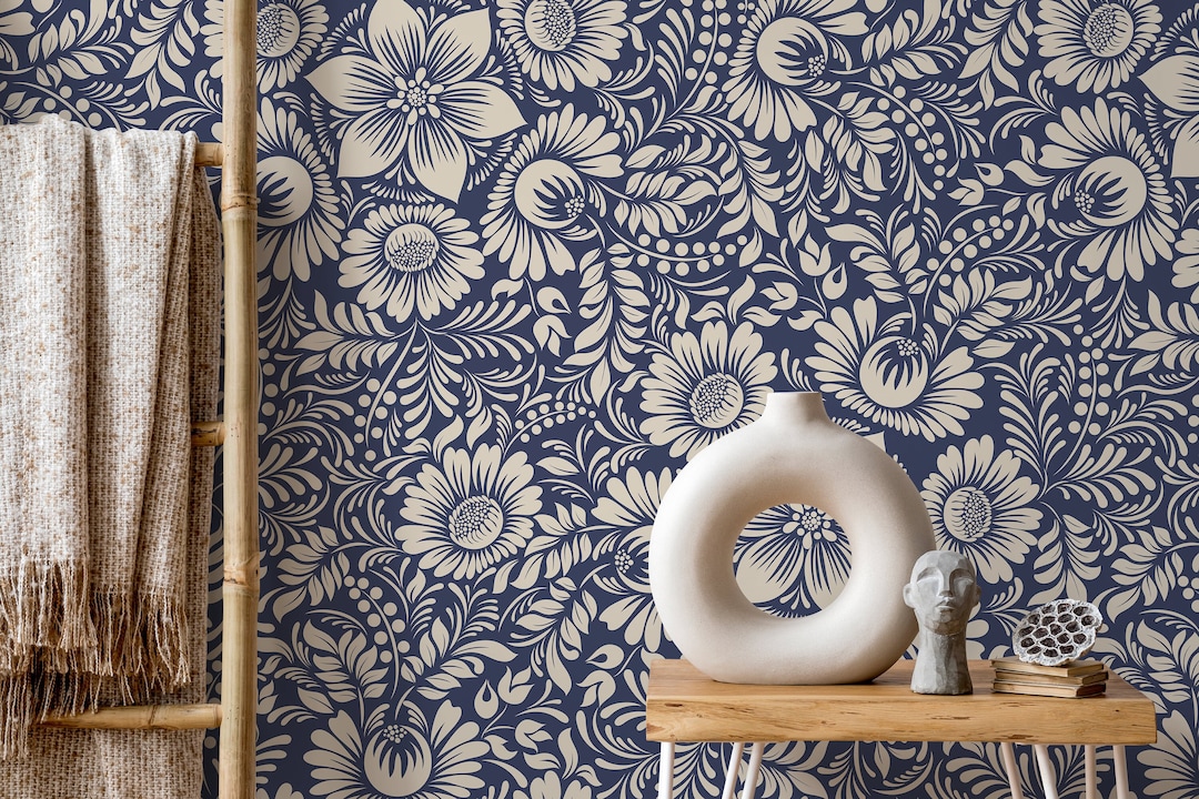 Blue and Beige Floral Wallpaper / Peel and Stick Wallpaper Removable