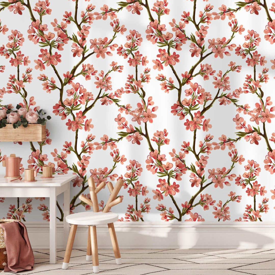 Floral Wallpaper With Cherry Blossom Branches in Pink and Red - D961 ...
