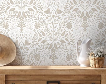 Neutral Beige Folk Art Floral Scandi Boho Wallpaper - D039