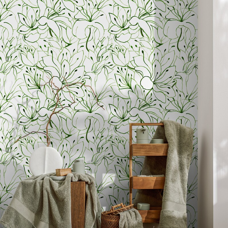 Green Floral Garden Wallpaper / Peel and Stick Wallpaper Removable Wallpaper Home Decor Wall Art Wall Decor Room Decor C852 image 3