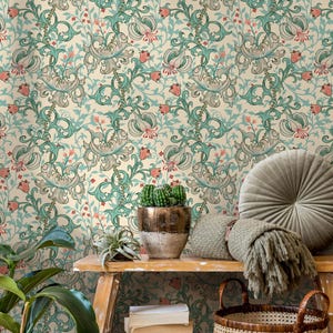 Morris Golden Lily Teal Coral Art Nouveau Wallpaper - D057