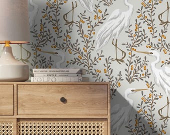White Heron Light Beige Berry Branch Wallpaper - D073