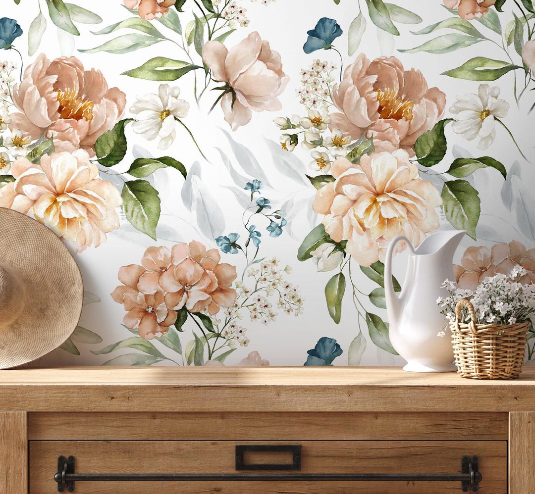 Watercolor Floral Peony Peach Pink Wallpaper - D020 - Etsy