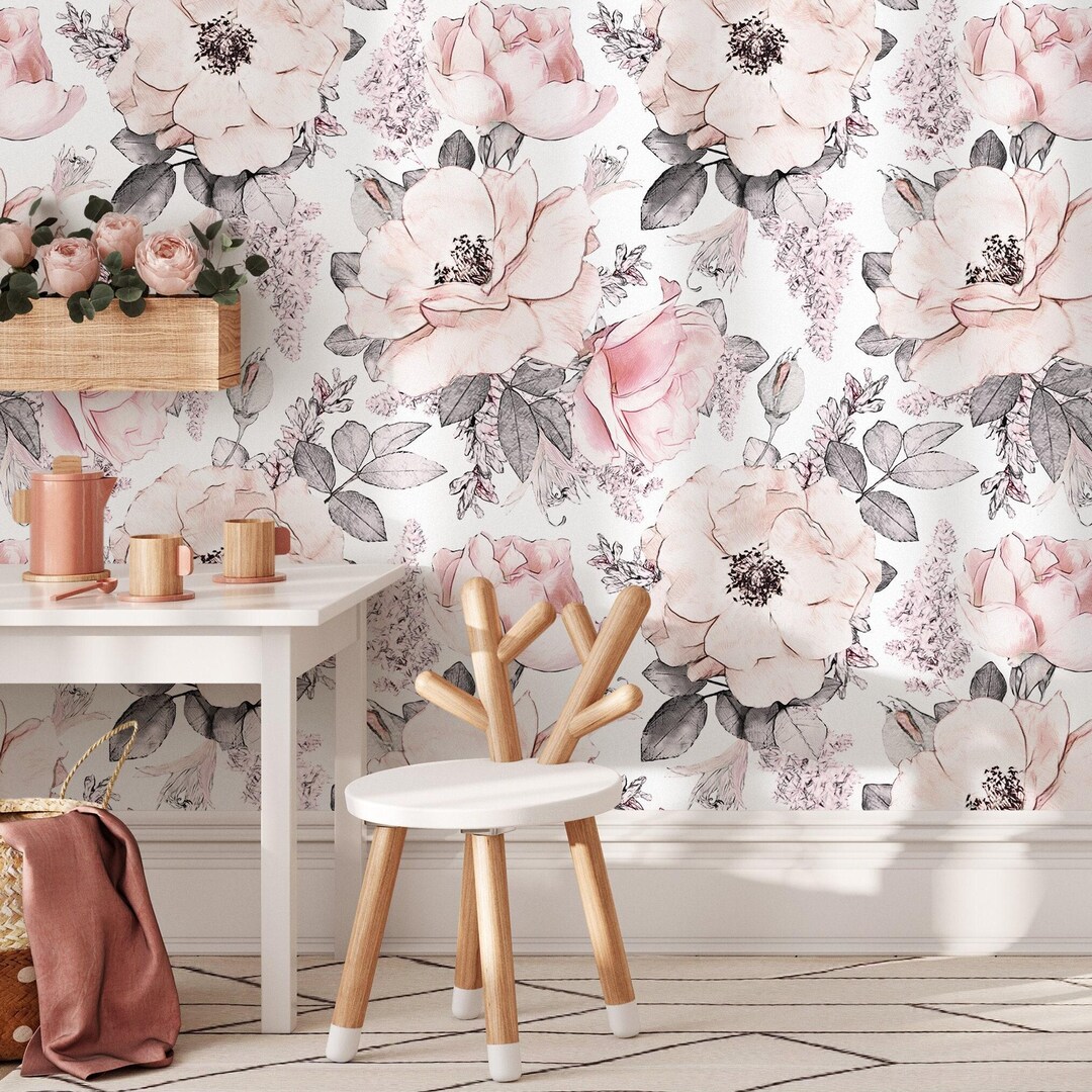 Floral Wallpaper With Vintage Roses in Pink and Gray - A068 - Etsy