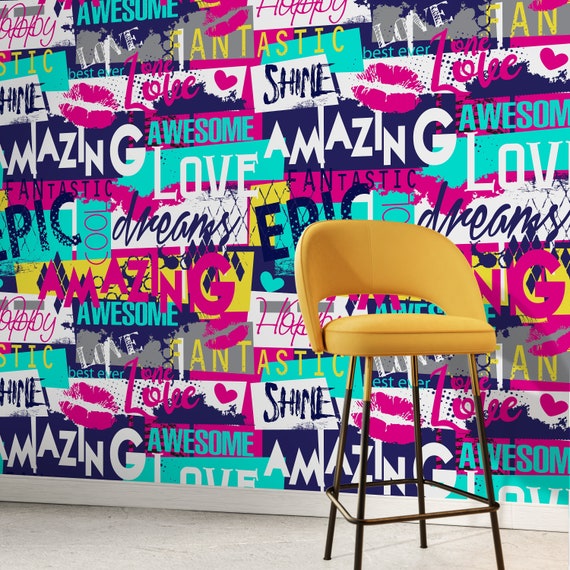 Graffiti Wallpaper in Pink, Blue, and Yellow on Cream - Peel and Stick - A784