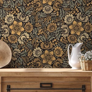 Gold Floral Black Background Baroque Bouquet Wallpaper - D071