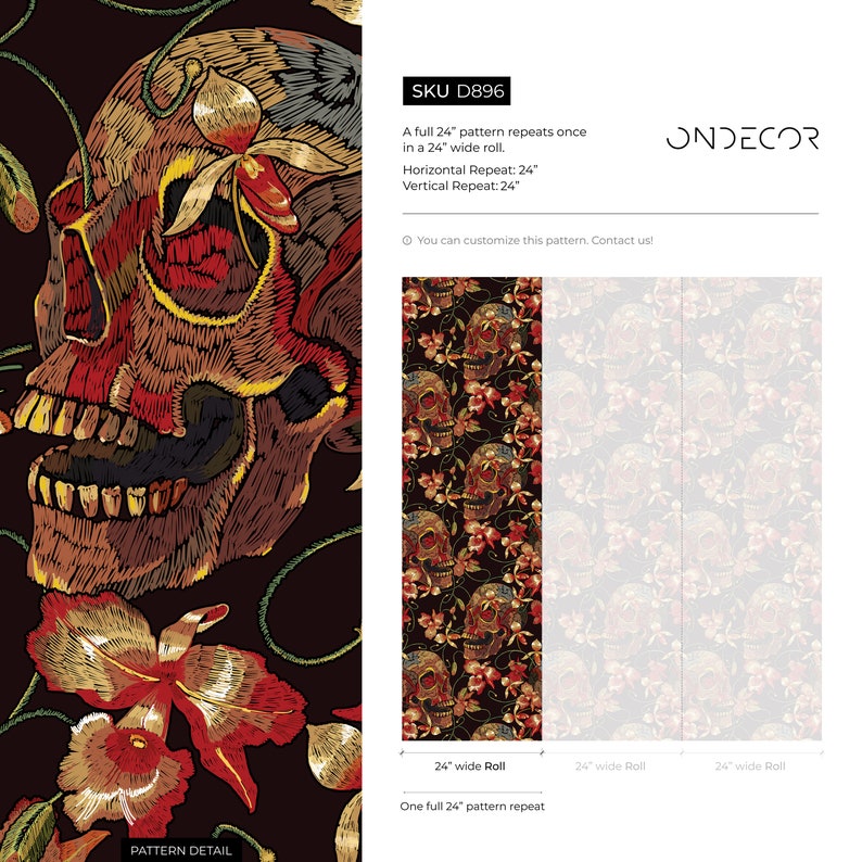 Floral Skull Wallpaper Red and Black Wallpaper Peel and Stick and Traditional Wallpaper D896 image 6