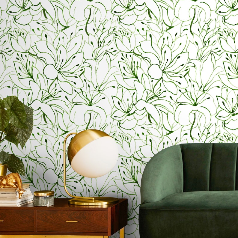 Green Floral Garden Wallpaper / Peel and Stick Wallpaper Removable Wallpaper Home Decor Wall Art Wall Decor Room Decor C852 image 4