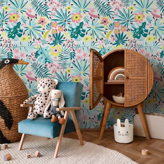 Botanical Wallpaper in Teal, Pink, and Yellow on White - Peel and Stick - A831
