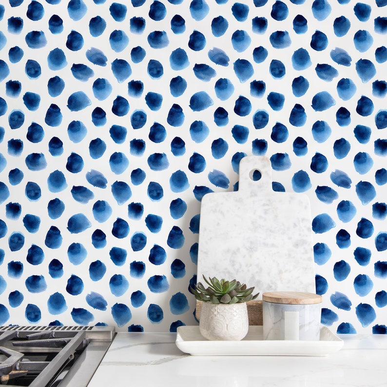 Wallpaper Peel and Stick Wallpaper Removable Wallpaper Home Decor Wall Art Wall Decor Room Decor / Blue Dots Watercolor Wallpaper D934 image 1